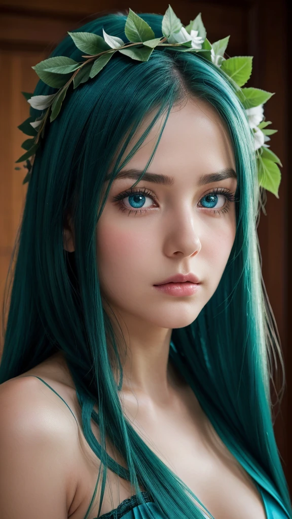 a girl. the face sends feeling. Europe. Oval face. long face. delicate facial features. shy eyes. seductively seductive. blue eyes. long straight hair. green hair. wreath on head. sad expression. big breasts. Sexy blue silk nightgown. straight face