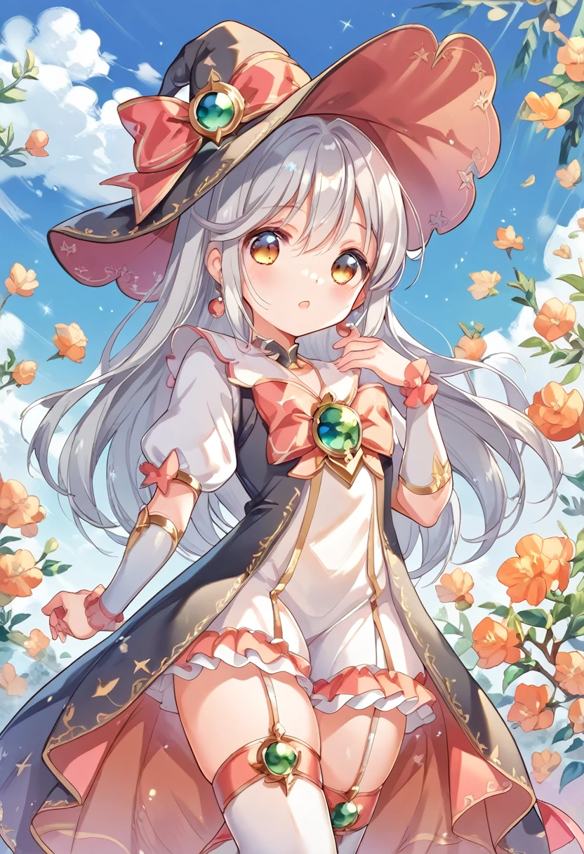 Silver Hair、Magical girl、bright、Black and white outfit、Astral Witch Outfit、Wearing a hat、Ruffled Skirt、whole body、Outdoor