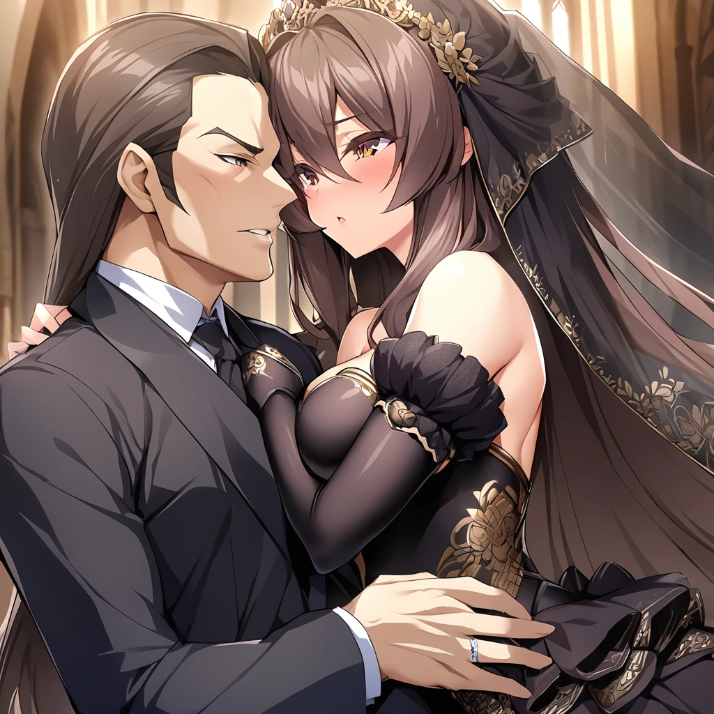 ((Highest quality)), ((masterpiece)), (detailed), （Perfect Face）、The woman is an Extia with medium-long brown hair, wearing a gorgeous black wedding dress with gold embroidery and trim, a black wedding veil, and an engagement ring.、The man is the evil leader, Naioro, a handsome man with medium-long blonde hair and a black bodysuit.、In a luxurious church belonging to an evil organization, the brunette woman, Exutia, and the handsome man, Naioro, with his medium-length blonde hair, embrace each other happily, kiss each other passionately, and are deeply in love as they hold their wedding ceremony.、A man and a woman are a deeply loving couple