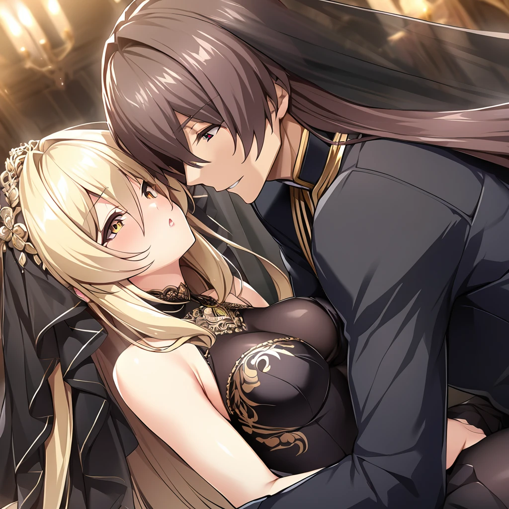 ((Highest quality)), ((masterpiece)), (detailed), (Perfect Face)、The woman is an Extia with medium-long brown hair, wearing a gorgeous black wedding dress with gold embroidery and trim, a black wedding veil, and an engagement ring.、The man is the evil leader, Naioro, a handsome man with medium-long blonde hair and a black bodysuit.、In a luxurious church belonging to an evil organization, the brunette woman, Exutia, and the handsome man, Naioro, with his medium-length blonde hair, embrace each other happily, kiss each other passionately, and are deeply in love as they hold their wedding ceremony.、A man and a woman are a deeply loving couple