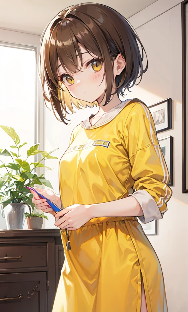 Light brown short hair,Light yellow clothes with white inner weat,Cute and adorable little wife