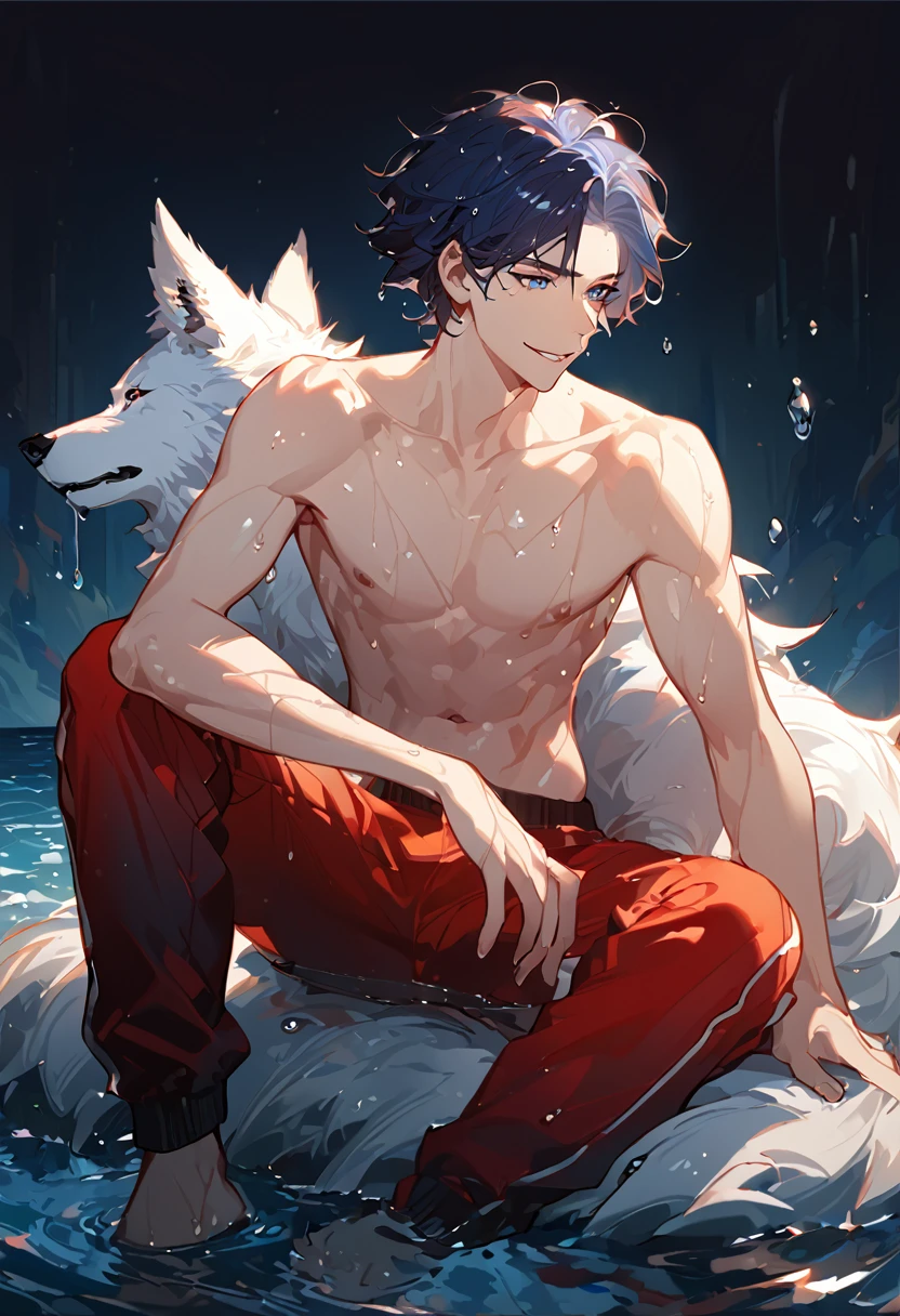solo, ((male with short dark blue hair with red strip hair and dark blue hair with red gradient), (bare chest), (topless), (muscle), ( jogger pants), (wet), (dripping wet body and hair), (water dripping), (sitting), (one hand rest on the knee), (big white wolf resting on the back)), (bangs), (blue eyes with red gradient), (pale skin), (smirk), ((high quality)), (extremely detailed),8k, 4k, clean line art, detailed line art, resting on the big wolf, white big wolf, simple background, water background, dark background, not bulky, no top clothes, inspired by Asukaziye artist : ask, art style : ask