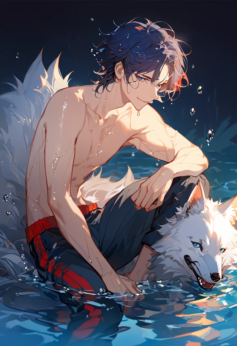 solo, ((male with short dark blue hair with red strip hair and dark blue hair with red gradient), (bare chest), (topless), (muscle), ( jogger pants), (wet), (dripping wet body and hair), (water dripping), (sitting), (one hand rest on the knee), (big white wolf resting on the back)), (bangs), (blue eyes with red gradient), (pale skin), (smirk), ((high quality)), (extremely detailed),8k, 4k, clean line art, detailed line art, resting on the big wolf, white big wolf, simple background, water background, dark background, not bulky, no top clothes, inspired by Asukaziye artist : ask, art style : ask