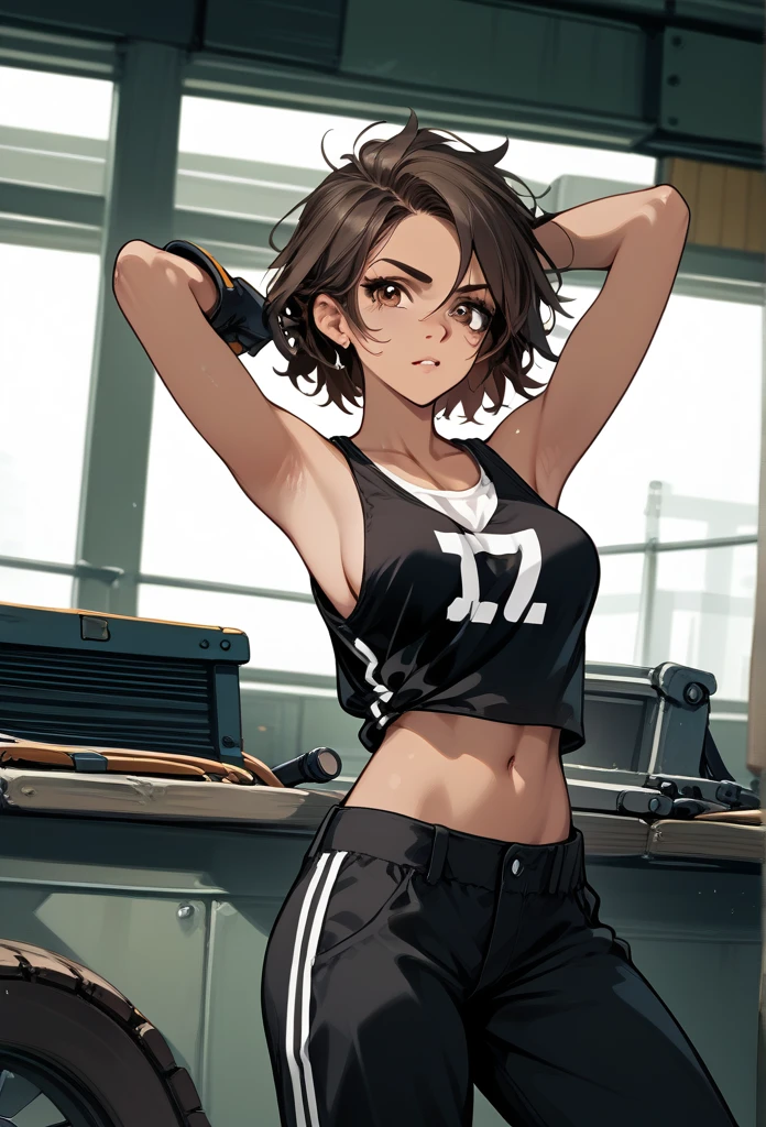 masterpiece, best quality, mature woman, messy hair, black hair, brunette gradient hair color, hot face, (tomboy face), tan skin, mature body, fit body, medium breasts, mechanic gloves, (dirty tank top), stained tank top, midriff, white bandana, mechanic pants, loose pants, workshop, arm up, armpit exposed