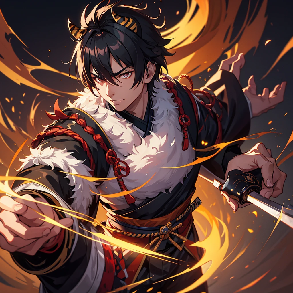 1 handsome samurai, manly, handsome, tiger ,  , demon slayer, 8k, hd, unreal engine, 