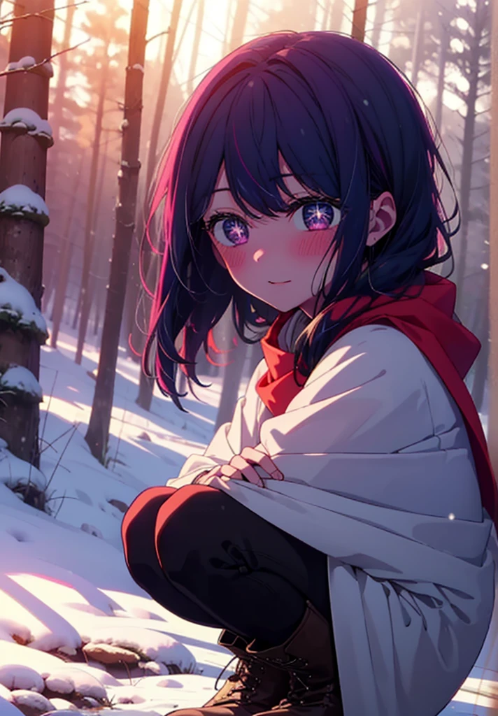 aihoshino, Ai Hoshino, Long Hair, bangs, (Purple eyes:1.1), Purple Hair, (Symbol-shaped pupil:1.5), smile,,smile,blush,white breath,
Open your mouth,snow,Ground bonfire, Outdoor, boots, snowing, From the side, wood, suitcase, Cape, Blurred, , forest, White handbag, nature, Squat, Mouth closed, Cape, winter, Written boundary depth, Black shoes, red Cape break looking at viewer, Upper Body, whole body, break Outdoor, forest, nature, break (masterpiece:1.2), Highest quality, High resolution, unity 8k wallpaper, (shape:0.8), (Beautiful and beautiful eyes:1.6), Highly detailed face, Perfect lighting, Highly detailed CG, (Perfect hands, Perfect Anatomy),