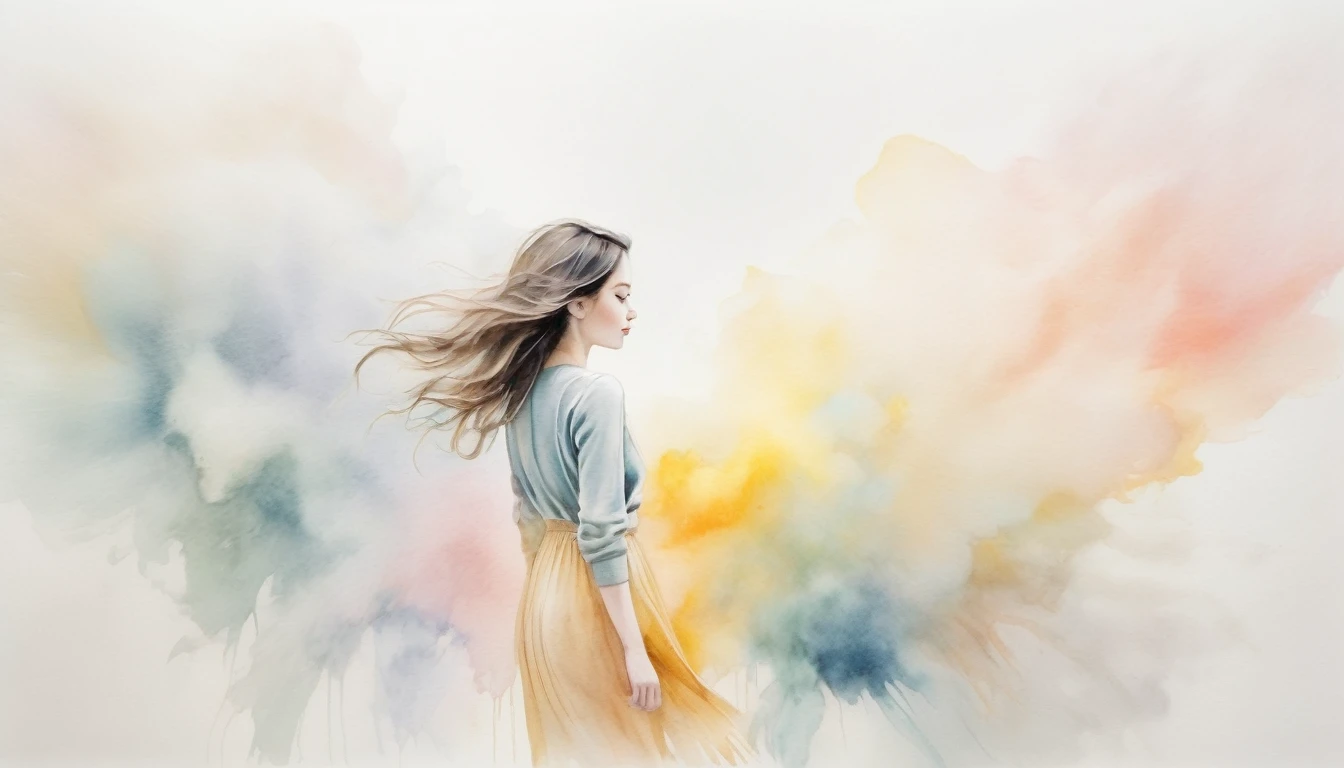 Abstract　　Wide range　whole body　girl　watercolor　White Background　Neutral Color　pastel　Pencil drawing　Blurry　high quality