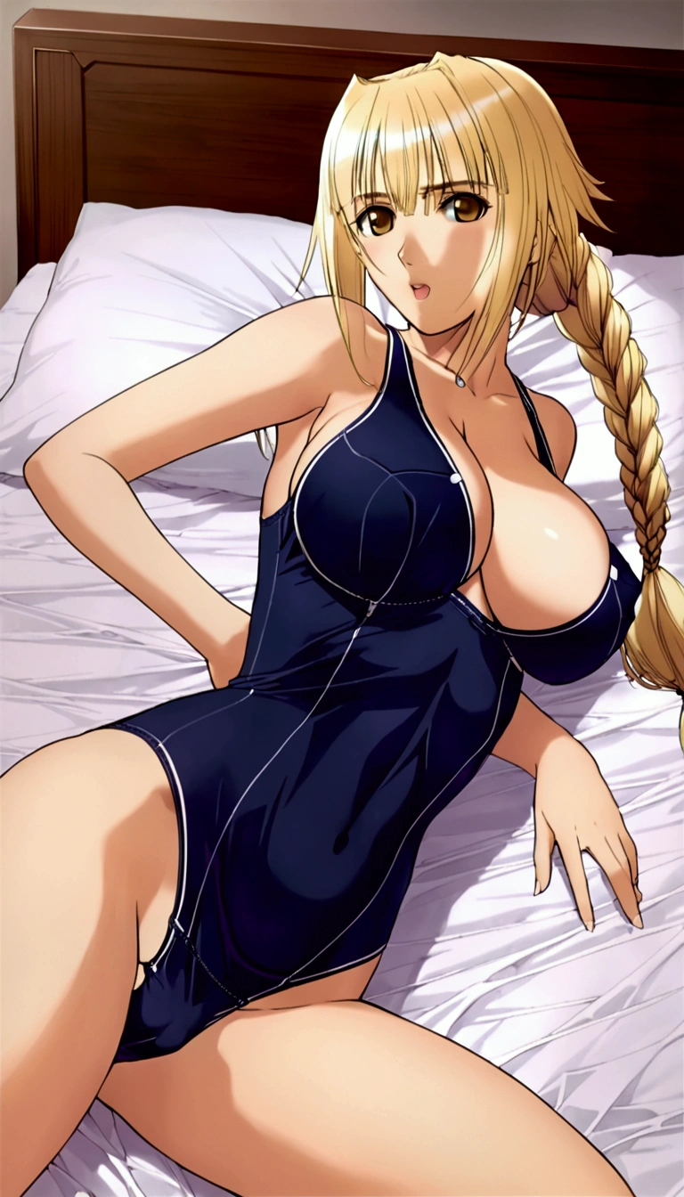 {{Masterpiece 1.3}},{Write in detail and carefully1.3},Official Art,Beautiful adult woman,Jannu d'Arc,Long blonde braids,Large Breasts,Erotic Seduction:1.5.,School Swimsuit,Embarrassing,Seduce in sexy poses,On the bed