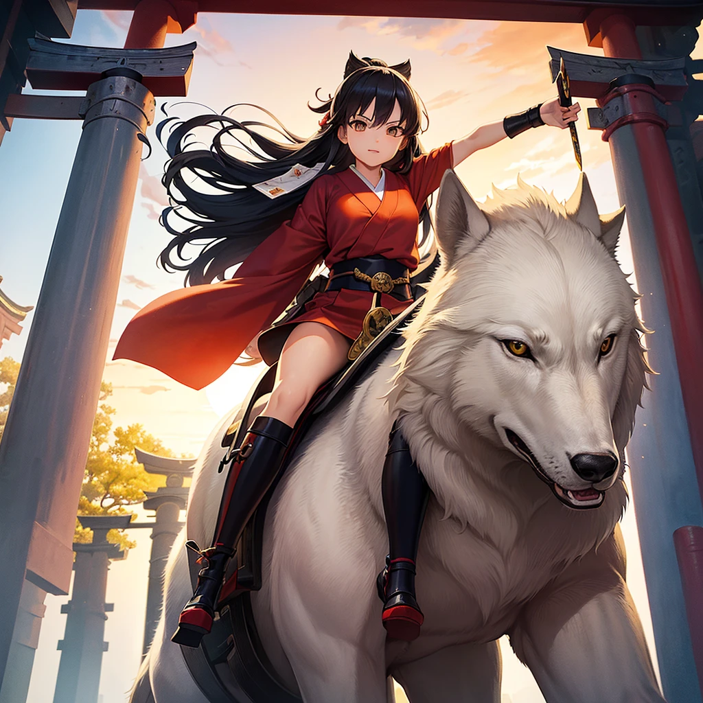 Masterpiece, top quality, 8k, girl in Ghibli style ninja outfit, riding on the back of a white wolf. 15 years old, with a magically glowing sword. In front of the torii gate of Fushimi Inari-taisha shrine in Kyoto. Behind the torii gate, the bright red setting sun is shining.