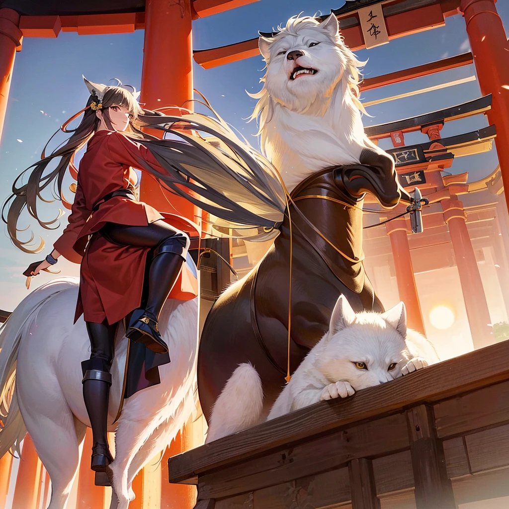 Masterpiece, top quality, 8k, girl in Ghibli style ninja outfit, riding on the back of a white wolf. 15 years old, with a magically glowing sword. In front of the torii gate of Fushimi Inari-taisha shrine in Kyoto. Behind the torii gate, the bright red setting sun is shining.