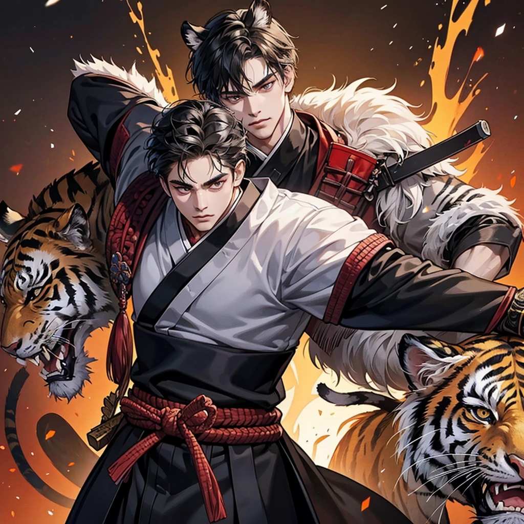 1 handsome samurai, manly, handsome, tiger ,  , demon slayer, 8k, hd, unreal engine, 