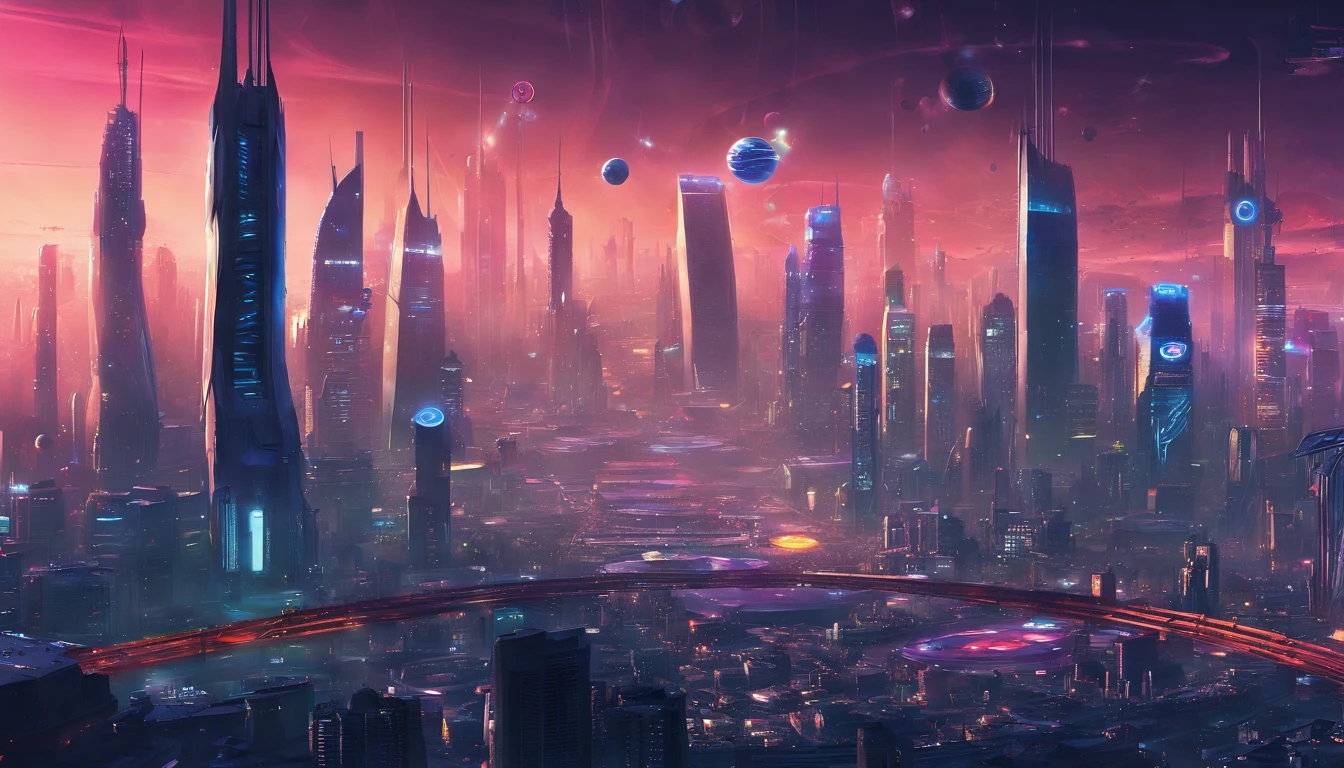 Create a space city of 10 million people, that has 4 hockey arenas, 4 baseball stadiums, 4 football stadiums, 4 basketball arenas, 10,000 apartment buildings that at 100 stories high. 75,000 clothing, shoe, designer stores, 10,000 factories that make toys, public transportation, clothing, and a whole bunch of factories that make appliances & tech gadgets. There are 24 200 story sky scraper office buildings. There are 20,000 farms on the outskirts of the city. The city is 288 square miles. It's currently flying near a Saturn like planet that has a few rings, many stars, and some moons in the background.This city has a bubble, to hold in the atmosphere. Put people walking in the streets. The city government is located on the edge of the Starship City, that resembles New York City. There are 24 landing pads located around the city, and they're 2 square miles.