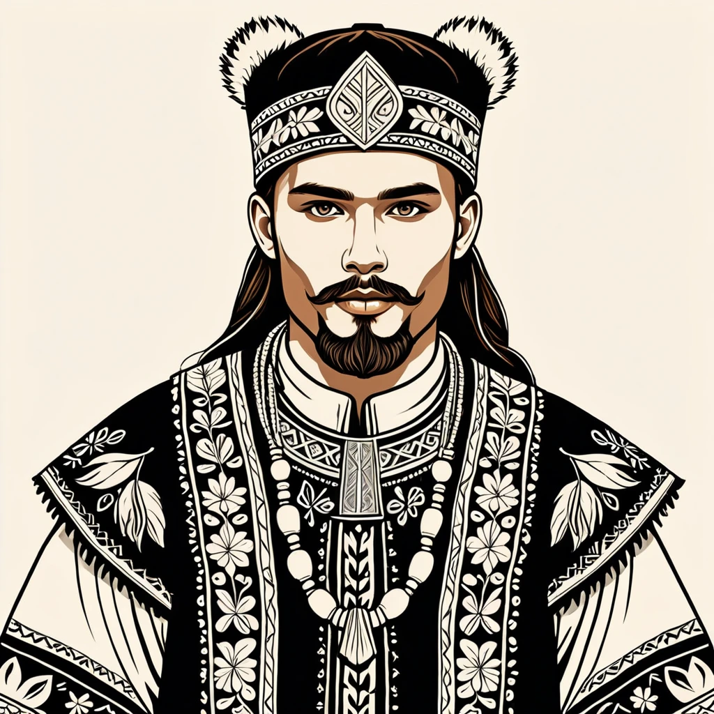 man in folk outfit from an unknown nordic ethnic group, vector graphics, strong contours
