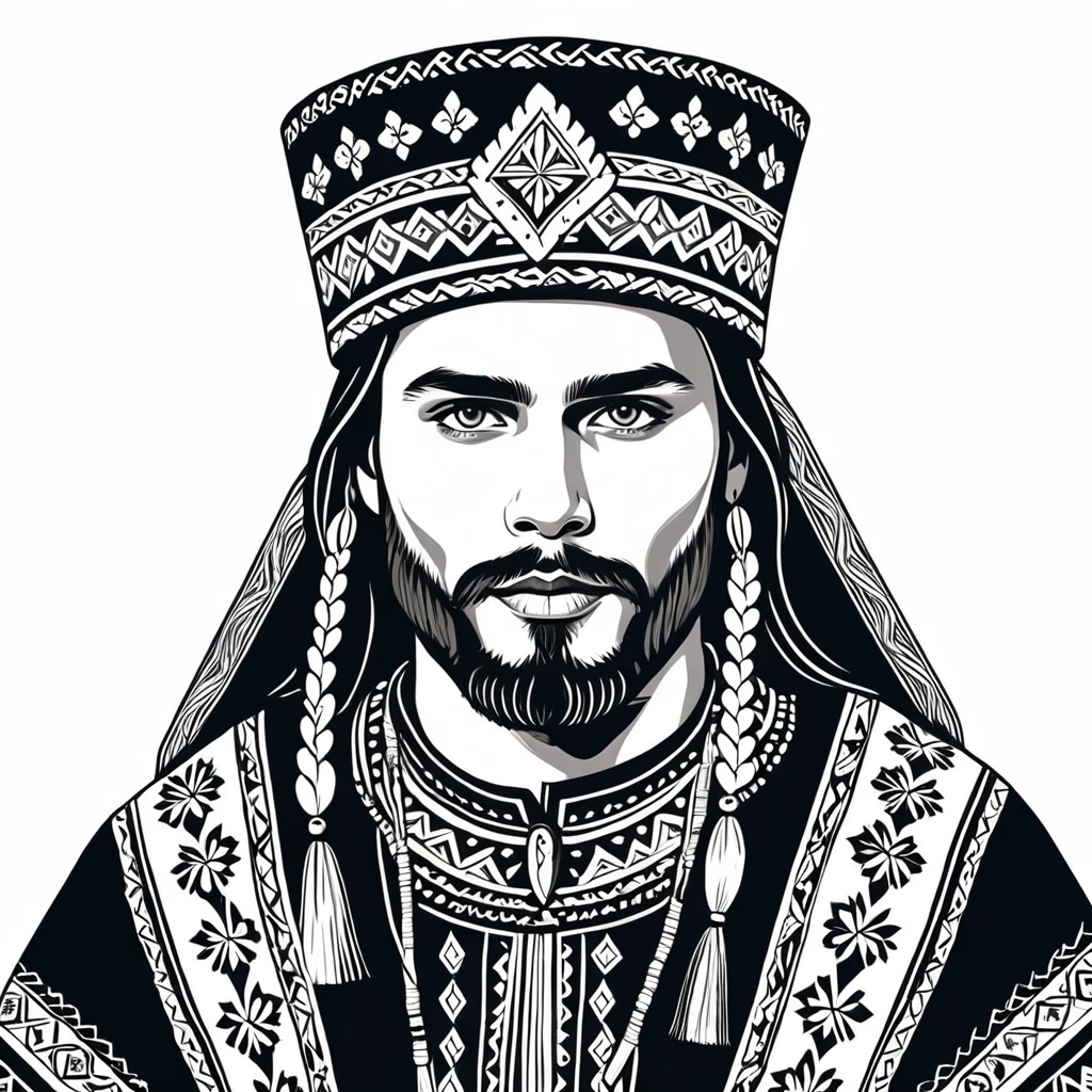 man in folk outfit from an unknown nordic ethnic group, vector graphics, strong contours