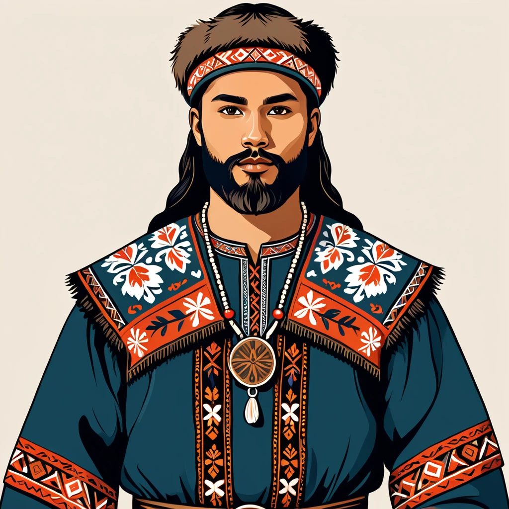 man in folk outfit from an unknown nordic ethnic group, vector graphics, strong contours
