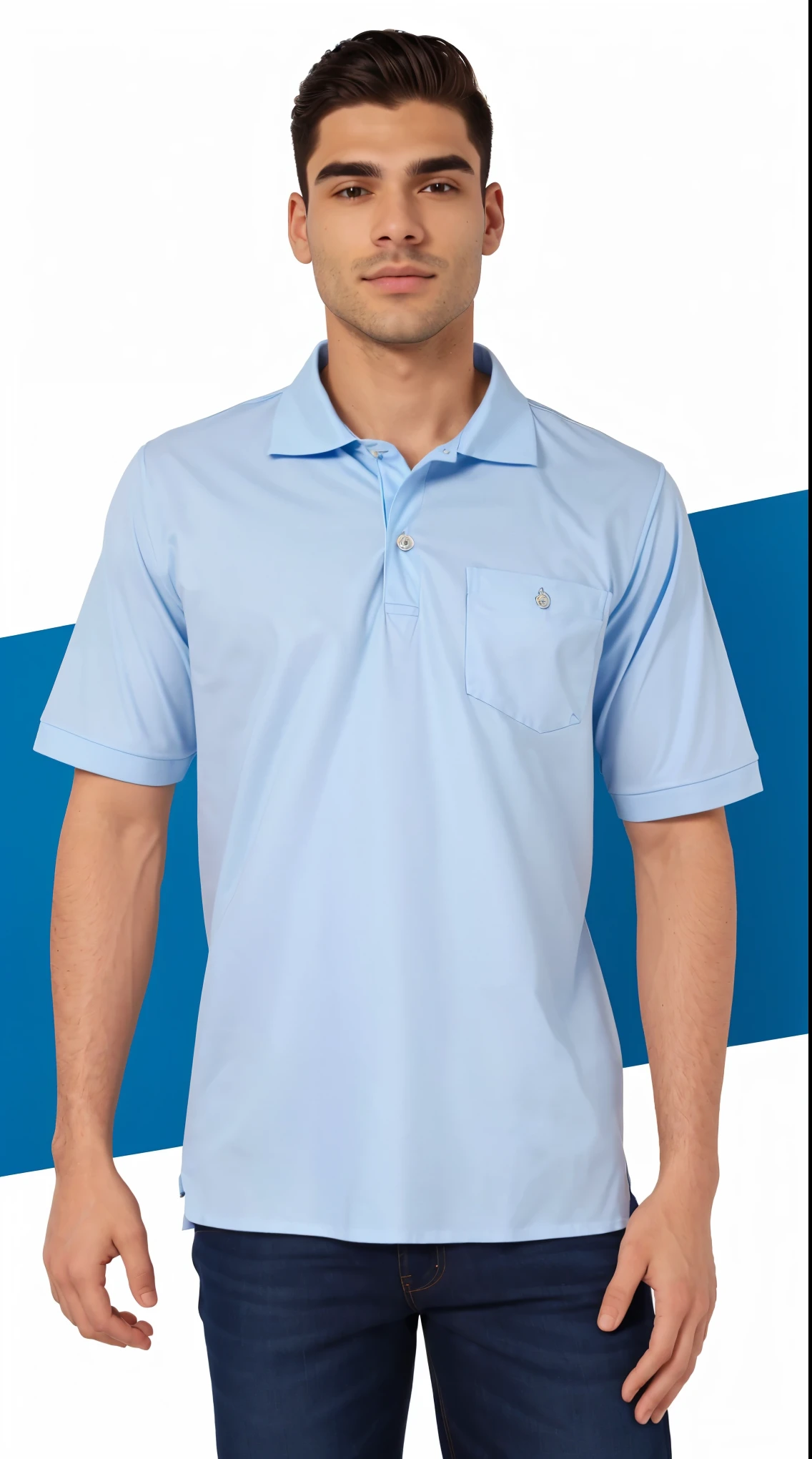 a man in a blue camisa standing with his hands in his pockets, wearing polo camisa, manga curta, wearing a light blue camisa, céu uniforme simples, Céu Claro Uniforme, tcamisa, blue camisa, céu uniforme simples at the back, céu azul, azul claro, camisa design, camisa, com dois bolsos frontais, sport t-camisa, t-camisa