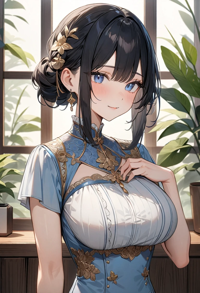 (masterpiece, top quality, very aesthetic, 4k、8ｋ、illustration), intricate detail, 1girl,Standing 、(upper body)、clear face、()、
Cute 、black hair、,middle hair,sidelock ,,blue eye、casualClotheedium breasts、Slim 、