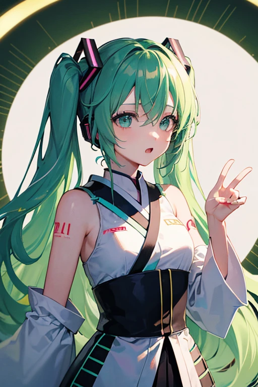 Vocaloid vocal, Hatsune-Miku-like face, hair color is light green, a panicked expression, a troubled expression, a chaotic feeling, Japanese anime song, synth pop, comical, hi-speed BPM, tip tune sound, hand claps, lively, energetic