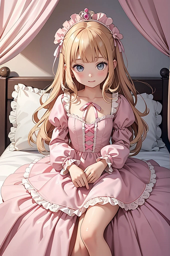 ,highest quality, masterpiece, highest resolution, artwork, super それにget used to it, many get used to it, get used to it, それにget used to it, 3k realistic pictures,,((10 year old little girls)),Ultra-detailed juvenile face,ultra-detailed beautiful little girls,girls are princess,full length ball gown dress with hoop skirt,ruffled yoke collar,puff sleeves,long sleeve,((Lolita style hot pink detailed princess satin dress with lots of ruffles and ribbons)),Rococo style lolita fashion,shiny satin dress,Soft and smooth fabric,detailed princess dress,luxury,long blonde hair,blue eyes,white skin european,Pajama,((in the bedroom of the palace)),luxury princess canopy king size pink bed,shiny satin sheets,ultra-detailed princess bed,High-quality background,lot of frilled pillows,on the bed,