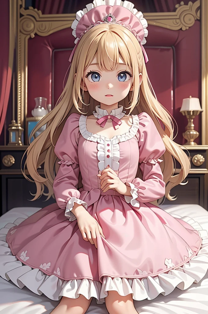 ,highest quality, masterpiece, highest resolution, artwork, super それにget used to it, many get used to it, get used to it, それにget used to it, 3k realistic pictures,,((10 year old s)),Ultra-detailed juvenile face,ultra-detailed beautiful little girl princess,full length ball gown dress with hoop skirt,ruffled yoke collar,puff sleeves,long sleeve,((Lolita style hot pink iled princess satin dress with lots of ruffles and ribbons)),Rococo style lolita fashion,shiny satinss,Soft and smooth fabric,detailed princess dress,luxury,long blonde hair,blue eyes,white skin european,Pajama,((in the bedroom of the palace)),luxury princess canopy king size pink bed,shiny satin sheets,ultra-detailed princess bed,High-quality background,lot of frilled pillows,on the bed,