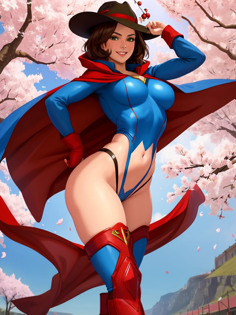 masterpiece, best quality:1.2), 1girl, smile, looking at viewer, short brown hair, green eyes, black fedora hat, dressed as superwoman, full bodysuit, blue catsuit, red cloak cape, red boots, standing under cherry blossoms