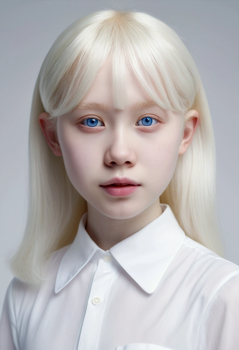 (((White Background:1.3)))、(((1 albino girl、Cute Face、pretty girl))), ************,(((The eyes are white:1.3)))、White Dress、((White shirt:1.3、White Block Dress)), Tyndall effect, Realistic, Shadow Studio,ultramarine、illumination, Dual tone illumination, (Skin with attention to detail: 1.2)、薄Dark illumination、Dark illumination、 photograph, High resolution, 4K, 8k, Background Blur,Beautiful fade out、White world、White Background