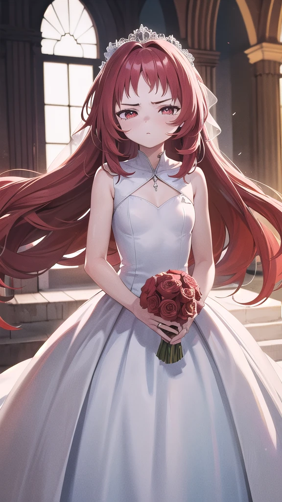 masterpiece, perfect lighting, (beautiful, best quality:1.3), perfect eyes, absurdres, 8k,
1girl, solo, (absurdres), finely detail,
ai_mie, long hair, red eyes, red hair, small breasts, (squint eyes:1.2),
dress, (wedding dress:1.2),