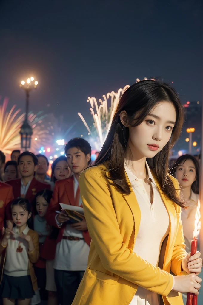 (((best quality))),(((ultra detailed))),(((masterpiece))),illustration, ((Olympic Opening Ceremony,in Paris,summer night,magnificent National stadium of France,Olympic flame, fireworks)),(crowded crowds of enthusiastic spectators:1.3),((a beautiful Chinese girl,solo)),((shoulder length straight hair:1.2)),((slim,thin)),((small breasts,flat chest)),(red polo blazer:1.5),(yellow skirt:1.2),(slender legs:1.2),excited expression, awe, celebrating, electric atmosphere, sense of pride, excitement, playing field, crowd energy, unity, camaraderie, representing China, historic event, memorable moment,((from front,upper body))