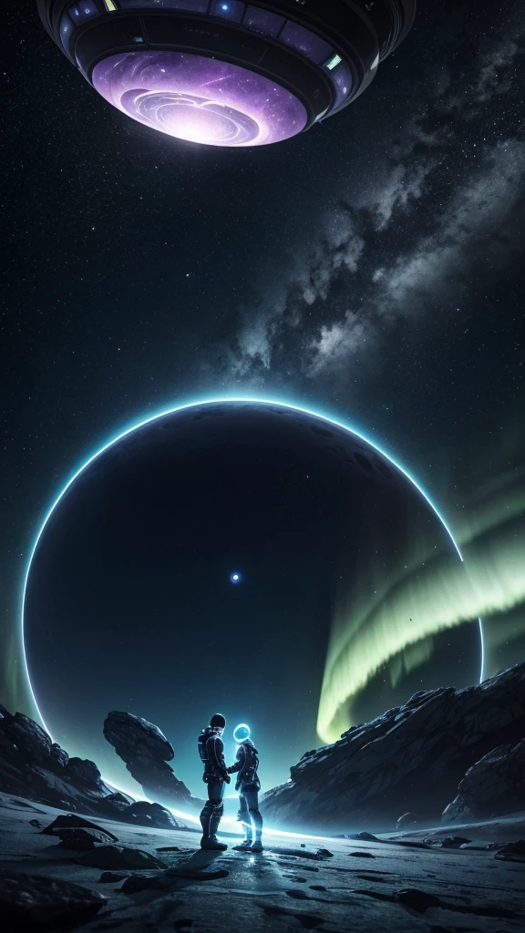 Title: "Cosmic Encounter Where a boy and girl using weapons "
Scene: A futuristic landscape set on Jupiter's moon, Europa. A boy and a girl, both wearing advanced exosuits, stand at the edge of a glowing, iridescent portal. The portal pulsates with an otherworldly energy, illuminating the surrounding ice terrain.
In the background, the massive planet Jupiter looms large, its swirling storm clouds and vibrant aurora displays lighting up the dark sky.
To the left, a sleek, silver UFO descends from the clouds, its hull etched with strange, alien symbols. A being with elongated limbs and large, black eyes emerges from the ship, its gaze fixed on the portal.
The boy and girl hold futuristic weapons, their eyes locked on the alien visitor. The weapons' screens display holographic data streams, indicating advanced AI technology at work.
Color Palette:
- Soft blues and whites for the icy terrain
- Vibrant oranges and purples for Jupiter's atmosphere
- Metallic silvers and blacks for the UFO and weapons
- Glowing iridescent hues for the portal
Atmosphere:
- An air of tension and wonder as the characters confront the unknown
- A sense of advanced technology and futuristic exploration
- A hint of mystery surrounding the portal and the alien's intentions
Task: Capture the Boy girl and cosmic encounter, where humanity's future meets the unknown.