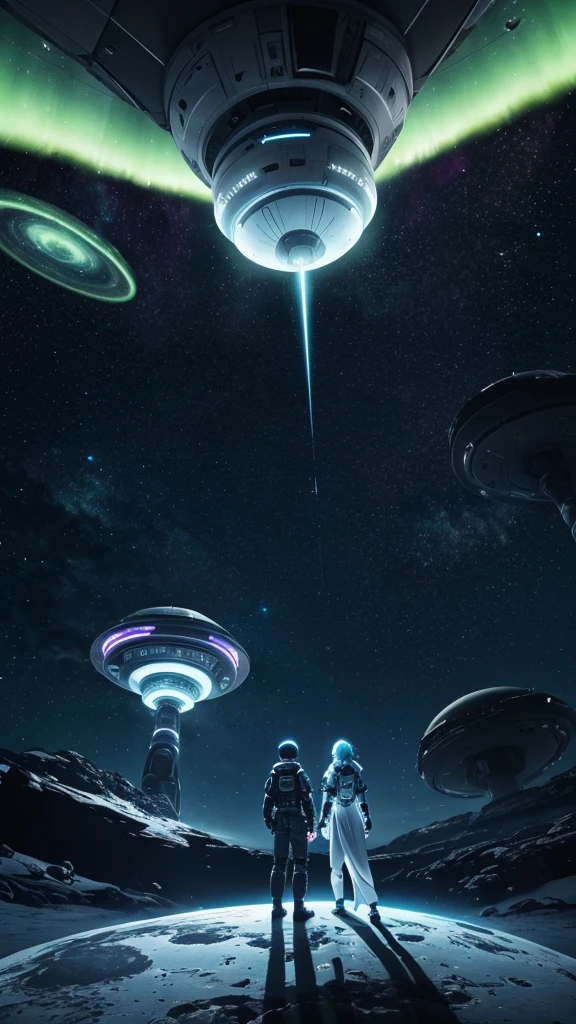 Title: "Cosmic Encounter Where a boy and girl using weapons "
Scene: A futuristic landscape set on Jupiter's moon, Europa. A boy and a girl, both wearing advanced exosuits, stand at the edge of a glowing, iridescent portal. The portal pulsates with an otherworldly energy, illuminating the surrounding ice terrain.
In the background, the massive planet Jupiter looms large, its swirling storm clouds and vibrant aurora displays lighting up the dark sky.
To the left, a sleek, silver UFO descends from the clouds, its hull etched with strange, alien symbols. A being with elongated limbs and large, black eyes emerges from the ship, its gaze fixed on the portal.
The boy and girl hold futuristic weapons, their eyes locked on the alien visitor. The weapons' screens display holographic data streams, indicating advanced AI technology at work.
Color Palette:
- Soft blues and whites for the icy terrain
- Vibrant oranges and purples for Jupiter's atmosphere
- Metallic silvers and blacks for the UFO and weapons
- Glowing iridescent hues for the portal
Atmosphere:
- An air of tension and wonder as the characters confront the unknown
- A sense of advanced technology and futuristic exploration
- A hint of mystery surrounding the portal and the alien's intentions
Task: Capture the Boy girl and cosmic encounter, where humanity's future meets the unknown.