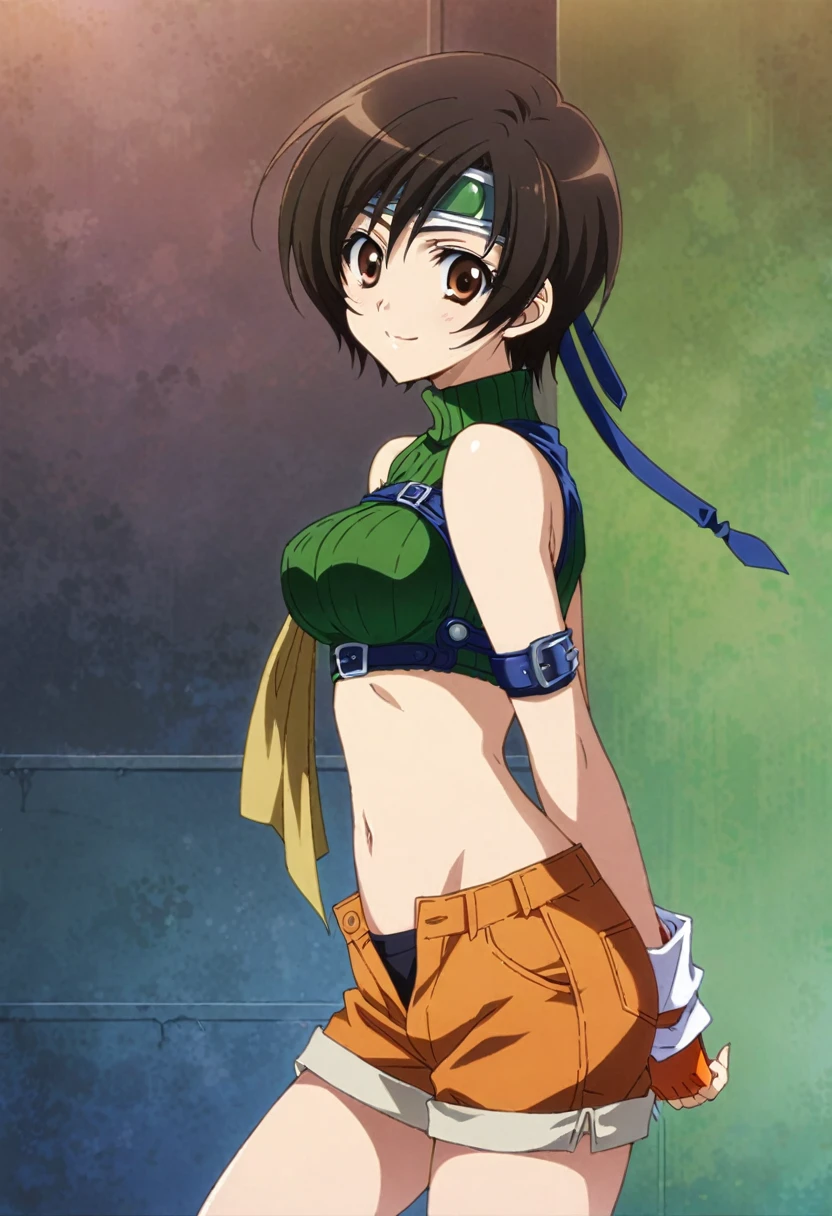 score_9, score_8_up, score_7_up,,BREAK source_anime, from side,side view,,arms behind back.,medium shot,looking_at_viewer,1girl, yuffie kisaragi, final fantasy, short hair,headband,navel,sleeveless,turtleneck,brown eyes,sleeveless turtleneck,solo,breasts,looking at viewer,smile,gloves,crop top,brown hair,shorts,midriff,,sweater,open fly,fingerless gloves,ribbed sweater,medium breasts,,smile,smug,(best quality),(aesthetic,very aesthetic),masterpiece,(high-resolution), (anime screenshot:0.5),(mid),(superior contrast.ultra sharp).