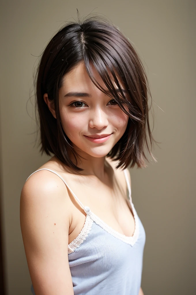 Top quality, 1 beautiful woman, super short Hair, shy Smile, wearing camisole, From Above