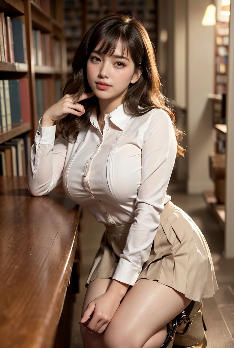 (((neat woman, perverted:1.9,hand on mouth,deep make up:1.8,touch own nipples over clothes:1.9,little pussy juice:1.9))),(((all fours,from side,huge breasts:1.8,kind smile:1.8,blush:1.8,deep cheek:1.8))),please touch me,eat me,tempting viewer,i want you))),(((blush,blush,deep cheek,deep cheek)))),(cinematic lighting), (Photo real:1.4)、(A hyper-realistic:1.4)、(Photorealistic:1.3)、 (gentle lighting: 1.05)、(Improve the lighting quality of your video:0.9)、 32k、25years old woman、photorealistic lighting、Back lighting、Facial Lights、Ray Trace、(bright:1.2)、(Increase quality:1.4)、 (best quality real texture skin)、Fair eyes,delicate face、 Close-up of the face, ((((Wearing the tight white collared-shirts,high-neck,pleated beige skirt,high-heel:1.4))),(Bodyline mood improvement:1.1)、Glossy skin、good figure,perfect anatomy,Beautiful actress,(((beautiful huge soft breasts:1.8,huge breasts,slender waist,slender hip,long slender legs,8heads tall))),(((8heads tall))),(((brown wavy midium hair,bangs))),(((sweat skin,shiny skin,in the beautiful library,super clean night view,in the night))),