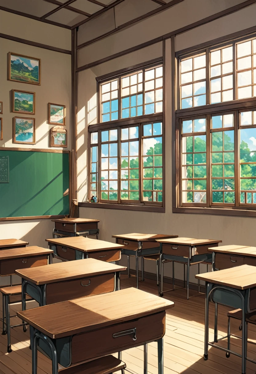 Studio Ghibli-style anime movies, Movie stills, Highest quality, masterpiece, Representative works, Official Art, Professional, Super intricate details, 8k, classroom,The schoolyard can be seen from the window