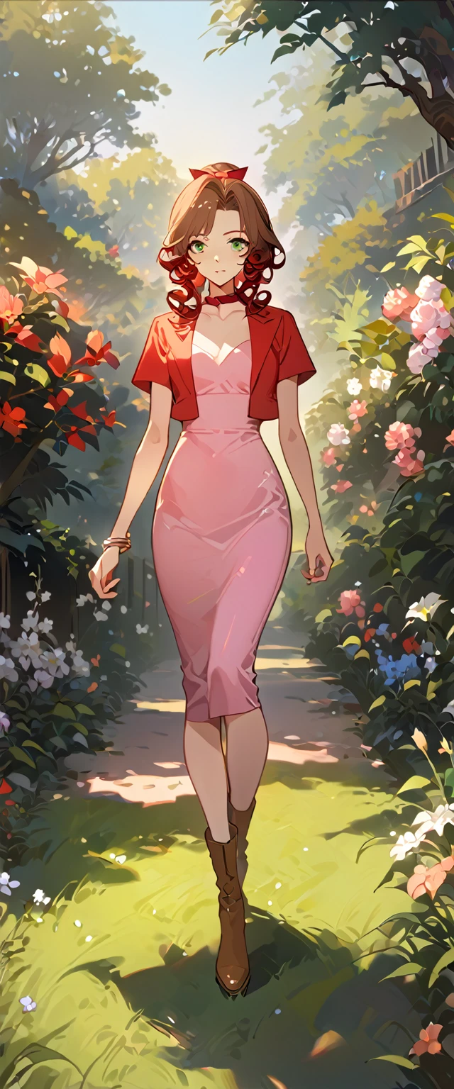 masterpiece, best quality, 8k, 4k, 1girl, aerith gainsborough, brown hair, longer side curly bang, long tight curly ponytail, green eyes, red hair ribbon, red bolero jacket, short sleeve jacket, cropped jacket, black tie choker, long pink straight dress, brown boots, bangles, walking in a garden, flowers, detailed background,, inspired by Asukaziye artist : ask, art style : ask