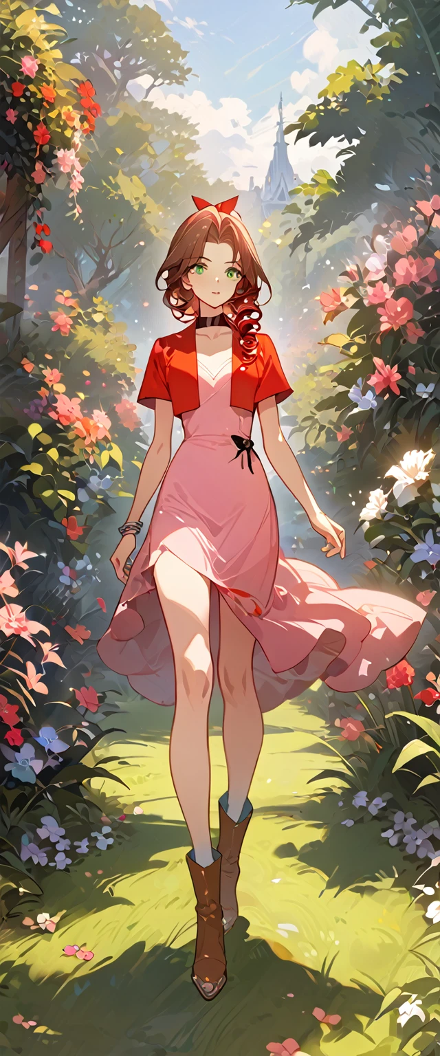 masterpiece, best quality, 8k, 4k, 1girl, aerith gainsborough, brown hair, longer side curly bang, long tight curly ponytail, green eyes, red hair ribbon, red bolero jacket, short sleeve jacket, cropped jacket, black tie choker, long pink straight dress, brown boots, bangles, walking in a garden, flowers, detailed background,, inspired by Asukaziye artist : ask, art style : ask