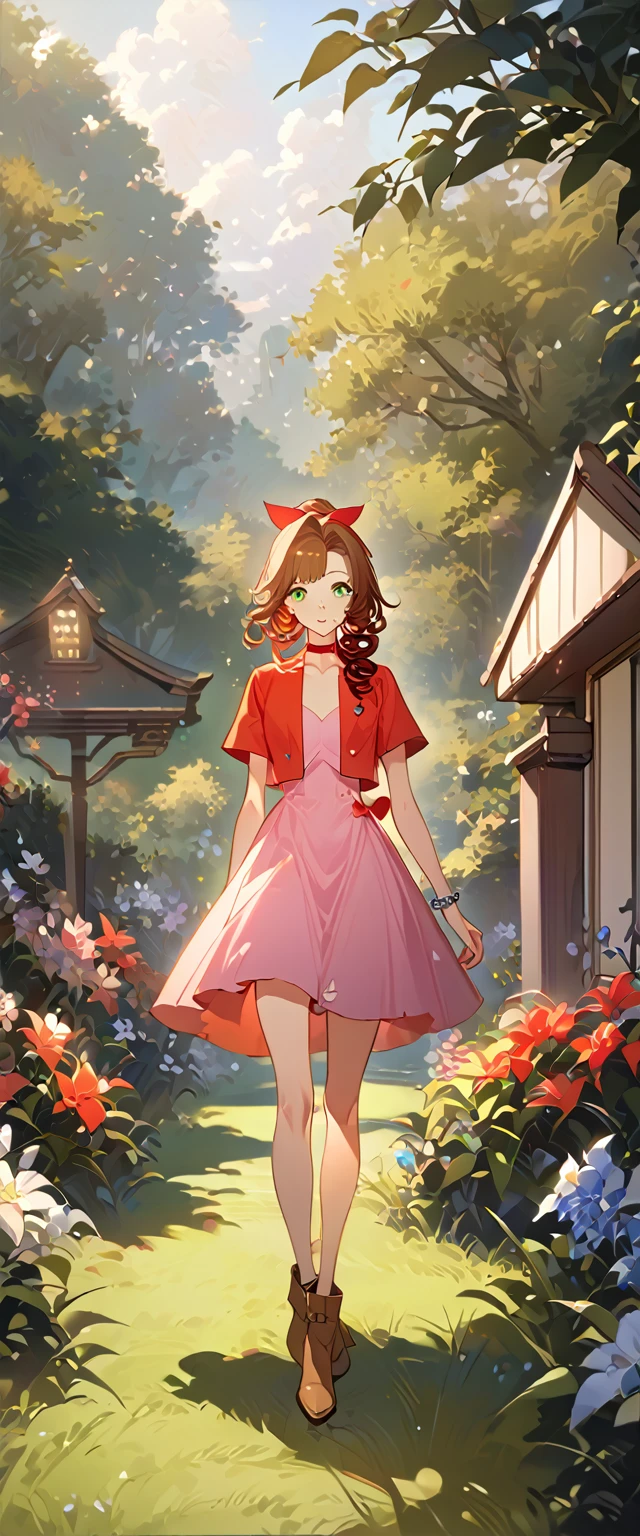 masterpiece, best quality, 8k, 4k, 1girl, aerith gainsborough, brown hair, longer side curly bang, long tight curly ponytail, green eyes, red hair ribbon, red bolero jacket, short sleeve jacket, cropped jacket, black tie choker, long pink straight dress, brown boots, bangles, walking in a garden, flowers, detailed background,, inspired by Asukaziye artist : ask, art style : ask