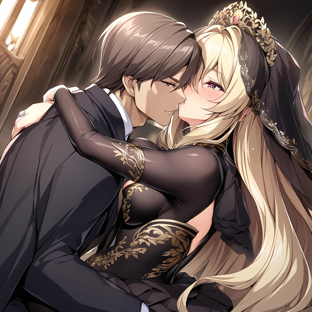 ((Highest quality)), ((masterpiece)), (detailed), （Perfect Face）、The woman is an Extia with medium-long brown hair, wearing a gorgeous black wedding dress with gold embroidery and trim, a black wedding veil, and an engagement ring.、The man is the evil leader, Naioro, a handsome man with medium-long blonde hair and a black bodysuit.、In a luxurious church belonging to an evil organization, the brunette woman, Exutia, and the handsome man, Naioro, with his medium-length blonde hair, embrace each other happily, kiss each other passionately, and are deeply in love as they hold their wedding ceremony.、A man and a woman are a deeply loving couple