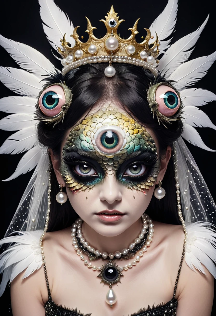 (((Grotesque Aesthetics:1.37))),Fish demon,Fish scale skin on shoulders,There are many eyeballs growing on the skin of the face,Eyeball Necklace,Eyeball Crown,Realistic eyeballs,teeth,Distorted face, Solitary,black background,crown,veil,hand,Pearl Necklace,Feather wings,wing
