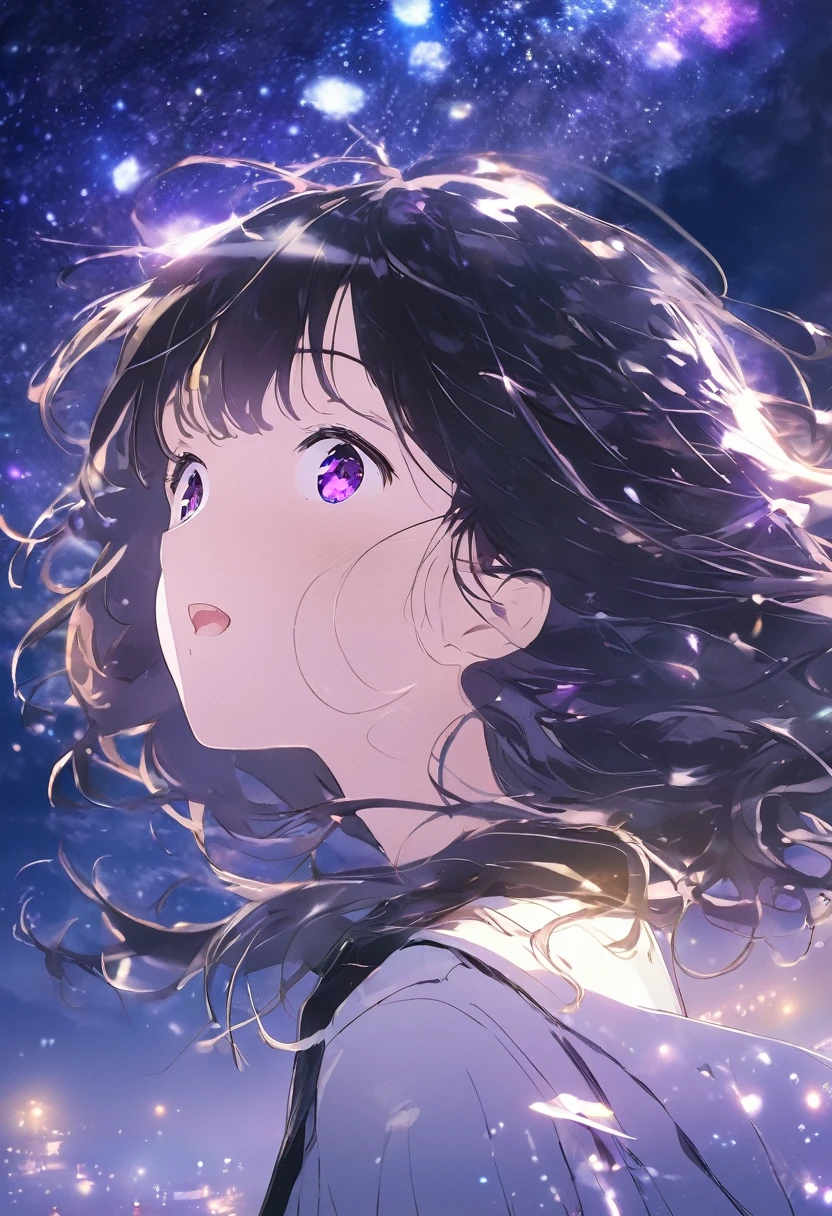 Side Focus, sideways focus, cute, masterpiece, Highest quality, Sharp focus, Ultra-high resolution, One girl, This is Chitanda, (hyouka anime character), expensive , Gazing at the night sky, Crystal purple eyes, cute expression, Dreamy Light, some light shines, Upper Body, Night view, Look to the side,  Hyouka by Honobu Yonezawa.