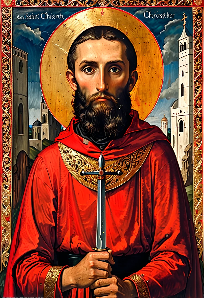 arafed image of a man with a sword and a red cape, a portrait by Master of Saint Giles, shutterstock, folk art, portrait of saint of the pit, portrait gracious saint, orthodox saint, orthodox saint christopher, orthodox icon, gregory euclide, roman catholic icon, catholic icon, orthodox icon neo-gothic, late gothic religious paintings
