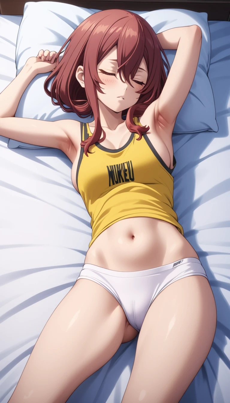 (Highest quality、Masterpiece、Very detailed、4K)、One Woman、、Brown Hair、short hair、(((Nakano Miku)))、headphone、chest、arm、(Beautiful armpits)、(Beautiful navel)、(Beautiful thighs)、(Sleeping in bed)、(Wrestler Tank Top)