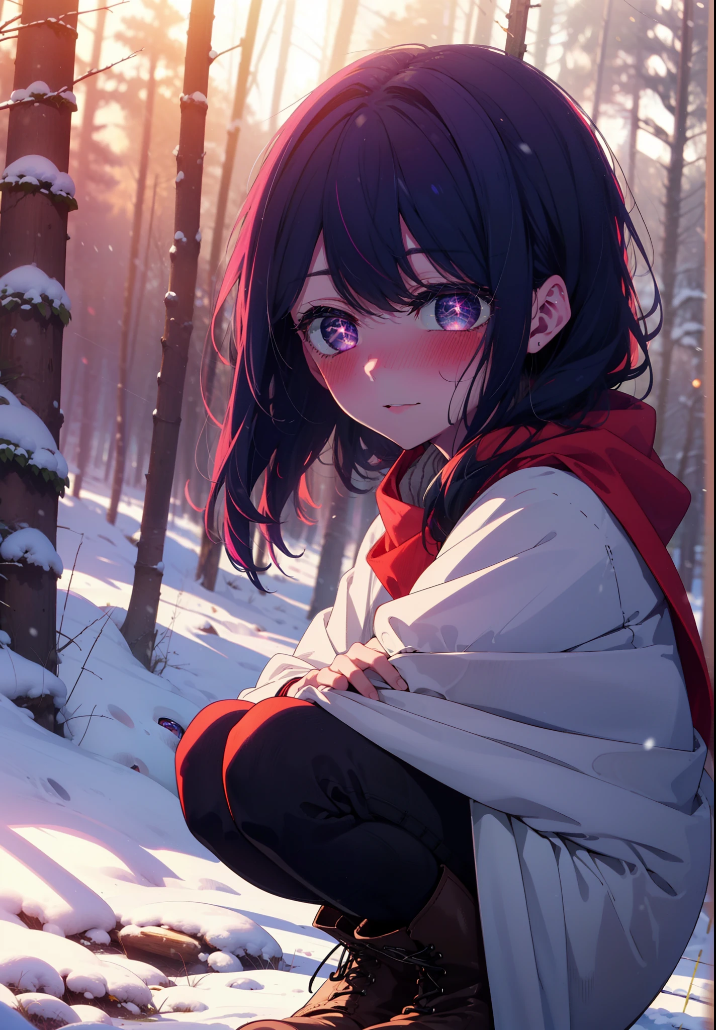 aihoshino, Ai Hoshino, Long Hair, bangs, (Purple eyes:1.1), Purple Hair, (Symbol-shaped pupil:1.5), smile,,smile,blush,white breath,
Open your mouth,snow,Ground bonfire, Outdoor, boots, snowing, From the side, wood, suitcase, Cape, Blurred, , forest, White handbag, nature, Squat, Mouth closed, Cape, winter, Written boundary depth, Black shoes, red Cape break looking at viewer, Upper Body, whole body, break Outdoor, forest, nature, break (masterpiece:1.2), Highest quality, High resolution, unity 8k wallpaper, (shape:0.8), (Beautiful and beautiful eyes:1.6), Highly detailed face, Perfect lighting, Highly detailed CG, (Perfect hands, Perfect Anatomy),