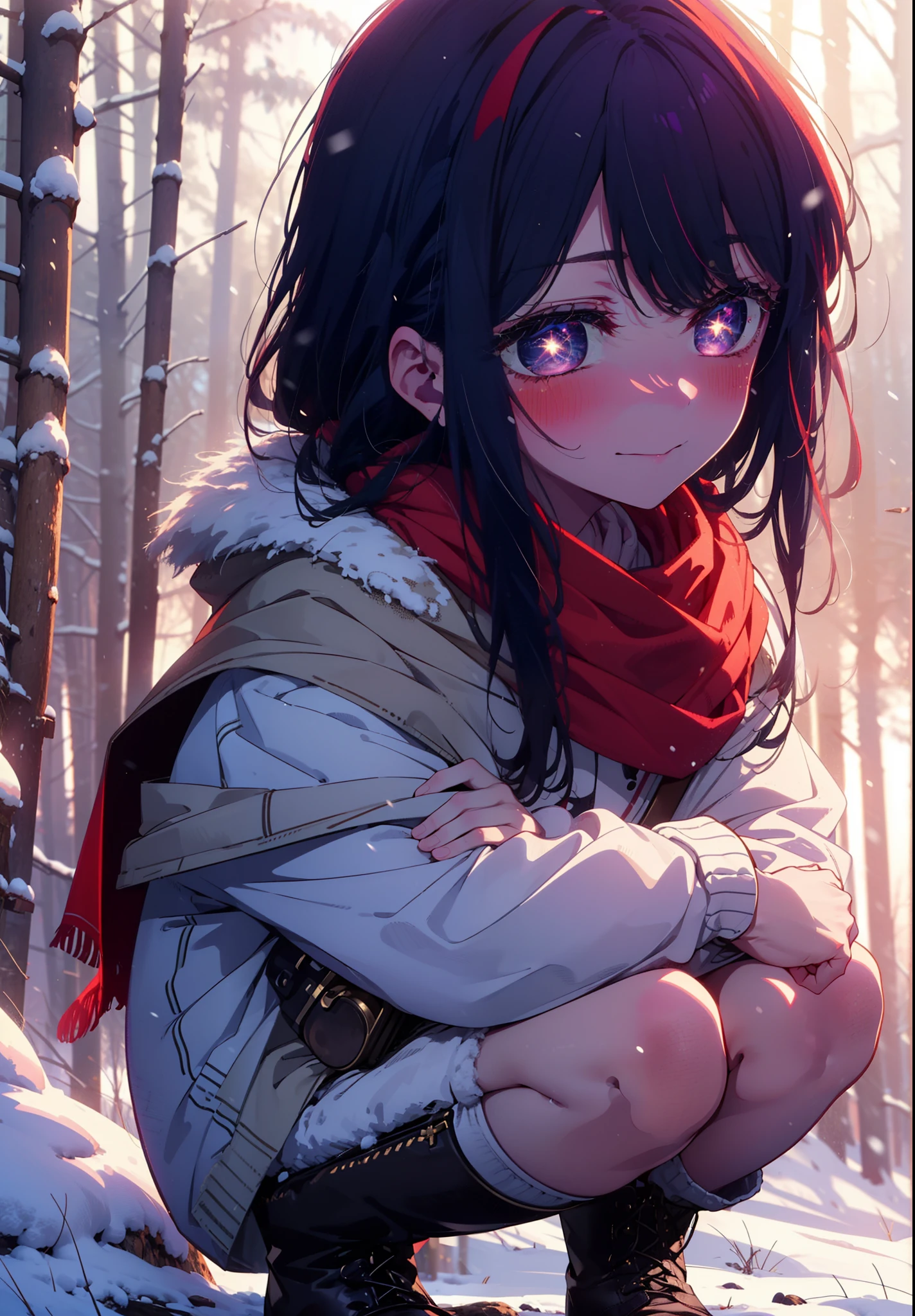 aihoshino, Ai Hoshino, Long Hair, bangs, (Purple eyes:1.1), Purple Hair, (Symbol-shaped pupil:1.5), smile,,smile,blush,white breath,
Open your mouth,snow,Ground bonfire, Outdoor, boots, snowing, From the side, wood, suitcase, Cape, Blurred, , forest, White handbag, nature,  Squat, Mouth closed, Cape, winter, Written boundary depth, Black shoes, red Cape break looking at viewer, Upper Body, whole body, break Outdoor, forest, nature, break (masterpiece:1.2), Highest quality, High resolution, unity 8k wallpaper, (shape:0.8), (Beautiful and beautiful eyes:1.6), Highly detailed face, Perfect lighting, Highly detailed CG, (Perfect hands, Perfect ???????),