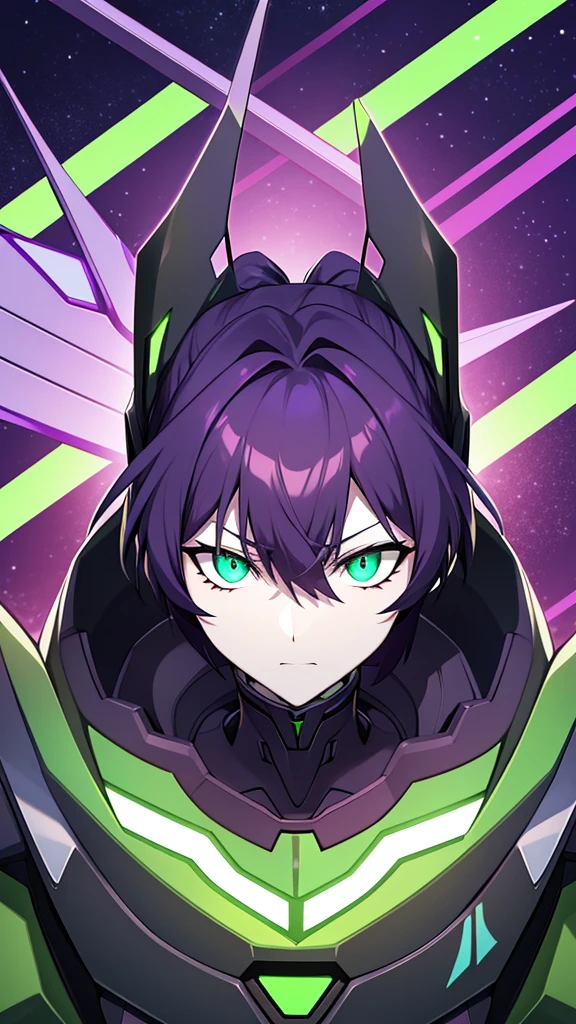 Close up of a green and black with a purple and black head, eva unit 0 1, eva unit-00 in the back, Neon Genesis Evangelion Third Impact Inspiration, Evangelion style, evangelion beast mode, Becoming Evangelion, Orisa in Overwatch, from evangelion, Rich in details,very clearly, Super Fine,Super sharp