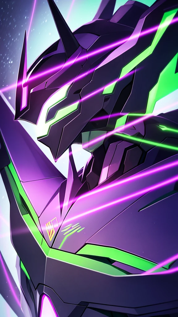 Close up of a green and black with a purple and black head, eva unit 0 1, eva unit-00 in the back, Neon Genesis Evangelion Third Impact Inspiration, Evangelion style, evangelion beast mode, Becoming Evangelion, Orisa in Overwatch, from evangelion, Rich in details,very clearly, Super Fine,Super sharp