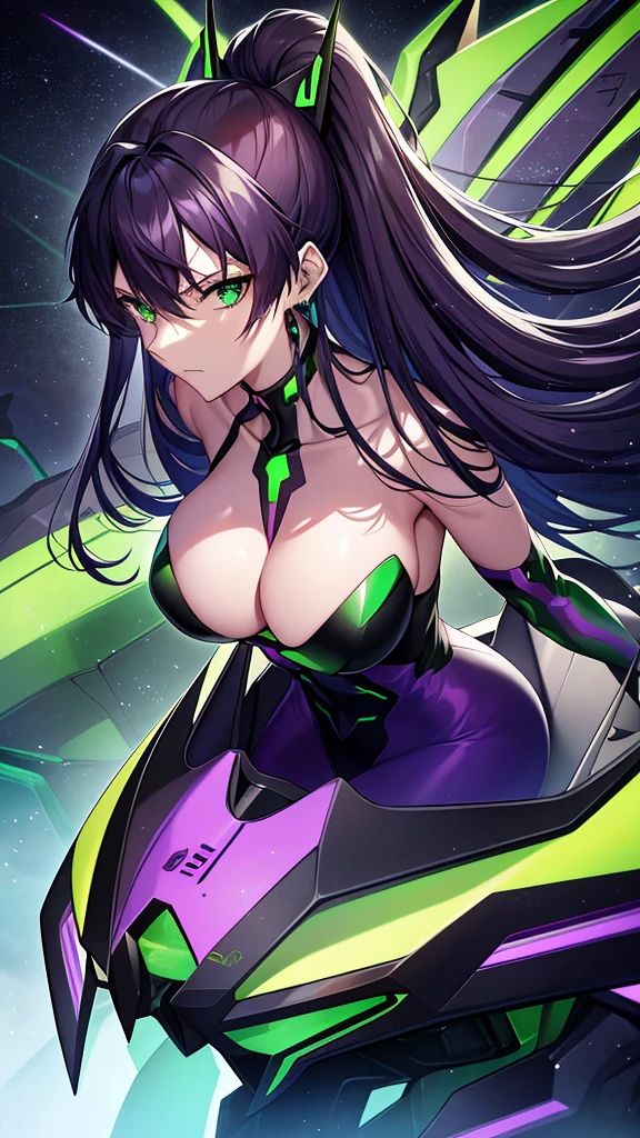 Close up of a green and black with a purple and black head, eva unit 0 1, eva unit-00 in the back, Neon Genesis Evangelion Third Impact Inspiration, Evangelion style, evangelion beast mode, Becoming Evangelion, Orisa in Overwatch, from evangelion, Rich in details,very clearly, Super Fine,Super sharp