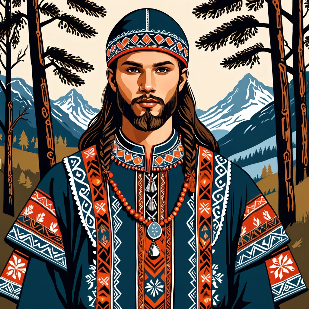 man in folk outfit from an unknown nordic ethnic group, vector graphics, strong contours