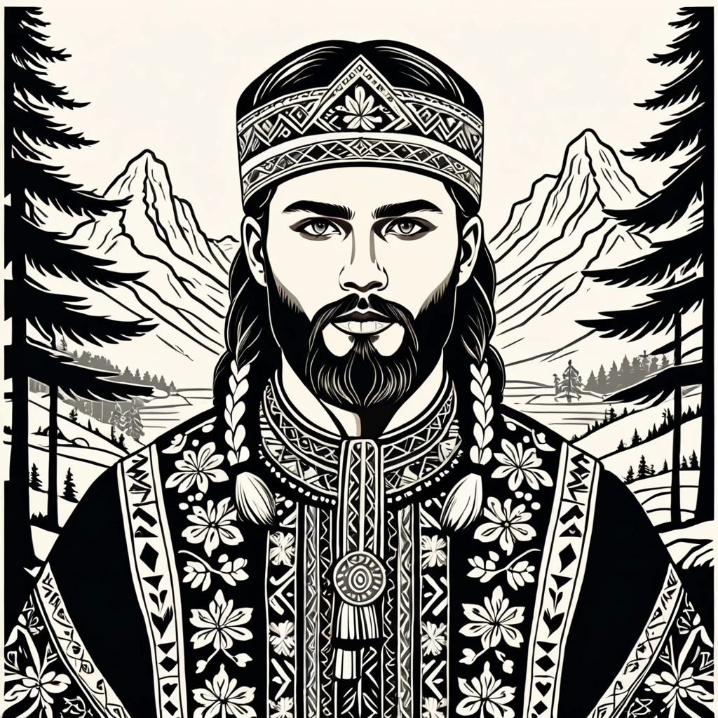 man in folk outfit from an unknown nordic ethnic group, vector graphics, strong contours