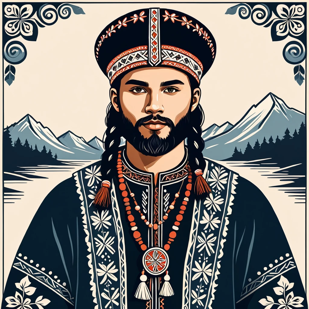 man in folk outfit from an unknown nordic ethnic group, vector graphics, strong contours
